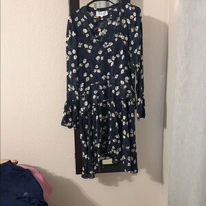 Derek Lam Navy Floral Long-Sleeve Tiered Dress
